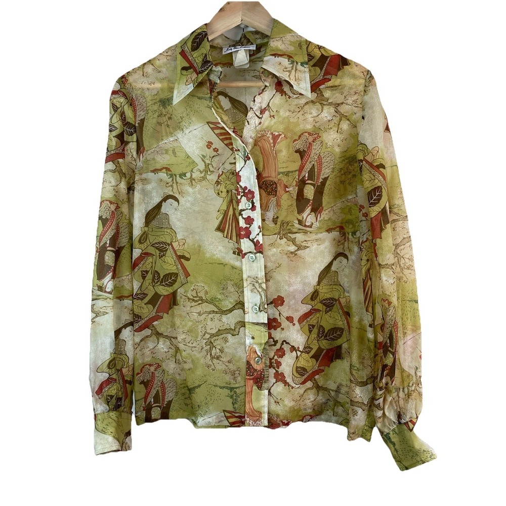 VTG Lady Manhattan Women's 15/16 Sheer Nylon Asian Print Button Up Shirt